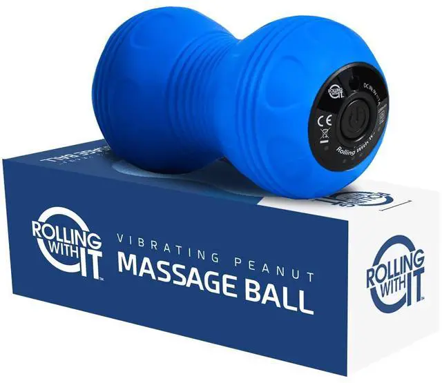 Main image of Rolling With It Vibrating Peanut Massage Ball, Deep Tissue, Blue | Vibrating peanut, 4 intensity levels, Cordless & rechargeable, Auto shut-off, For neck, back & feet, Deep tissue relief