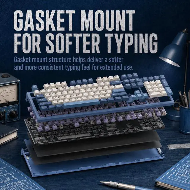 Alt view image 4 of 7 - R104 Wired Mechanical Keyboard Full Size, Gasket Mount | 104 Keys PBT Keycaps with Number Pad, Dedicated Win/Mac Switch, Pre-lubed Quiet Linear Switches, Custom Keyboard RGB Backlit