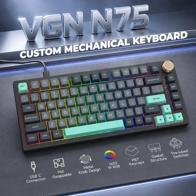 Alt view image 2 of 7 - N75 Wired 75% Compact Mechanical RGB Gaming Keyboard with Media Knob | Custom Gasket Mount Keyboard, RGB Backlit & PBT Keycaps Computer Keyboard, Hot Swappable Pre-lubed Dynamic Silver Switch