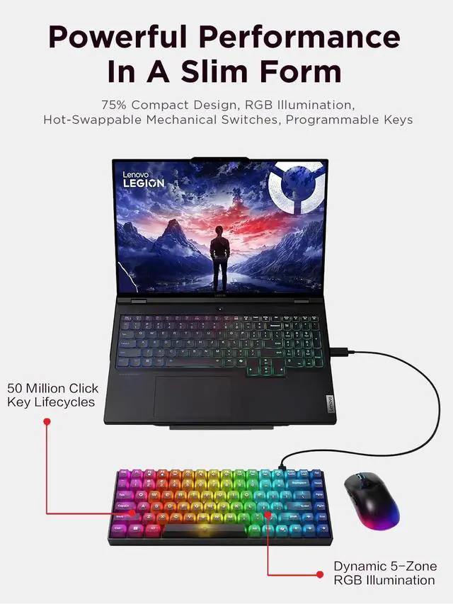 Alt view image 2 of 7 - Legion K510 Mini Pro Wired Mechanical Gaming Keyboard - 75% Compact Design, RGB Illumination, Hot-Swappable Mechanical Switches, Programable Keys