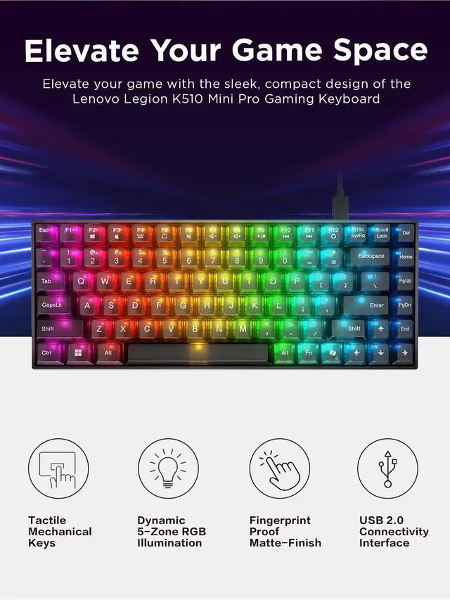 Alt view image 5 of 7 - Legion K510 Mini Pro Wired Mechanical Gaming Keyboard - 75% Compact Design, RGB Illumination, Hot-Swappable Mechanical Switches, Programable Keys