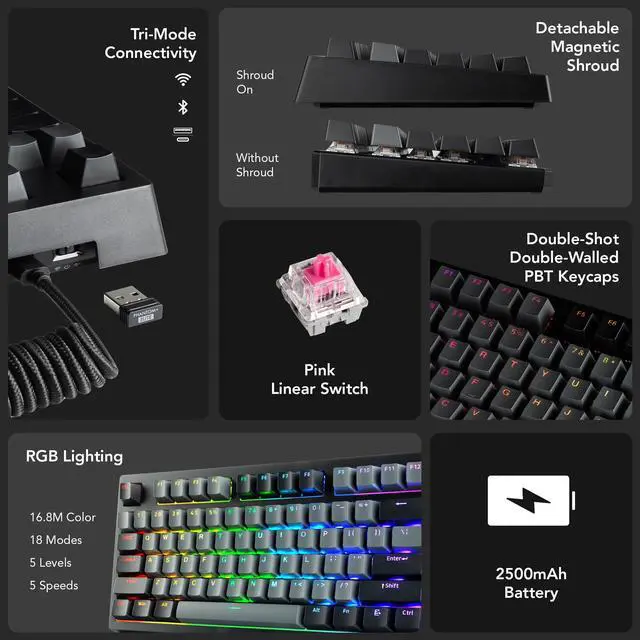 Alt view image 3 of 7 - Phantom+ Elite 87 Key RGB Mechanical Gaming Keyboard | 3 Mode Wireless Bluetooth 5.0 2.4GHz & USB C Wired | Hot Swappable 5 Pin | Double Shot PBT Keycaps | Wraith Pink Switch - Black
