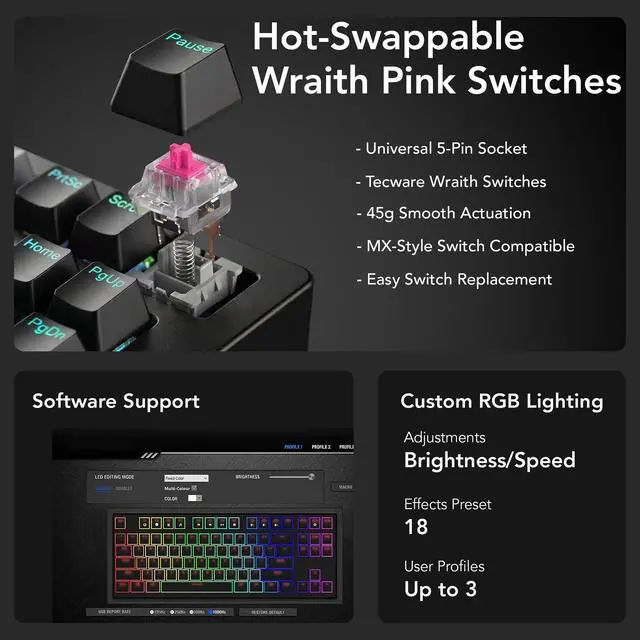 Alt view image 5 of 7 - Phantom+ Elite 87 Key RGB Mechanical Gaming Keyboard | 3 Mode Wireless Bluetooth 5.0 2.4GHz & USB C Wired | Hot Swappable 5 Pin | Double Shot PBT Keycaps | Wraith Pink Switch - Black