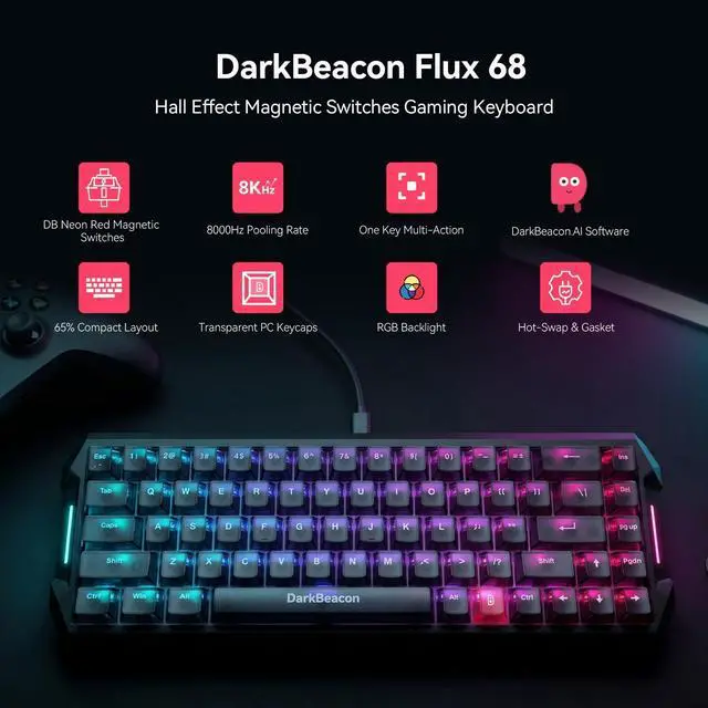 Alt view image 2 of 7 - Flux 68 HE Mechanical Gaming Keyboard Rapid Trigger with Adjustable Actuation 0.01-3.5 mm, Hall Effect Magnetic Switch, 8000Hz Polling, RGB Backlit, 65% Wired Keyboard for PC Laptop Gamer