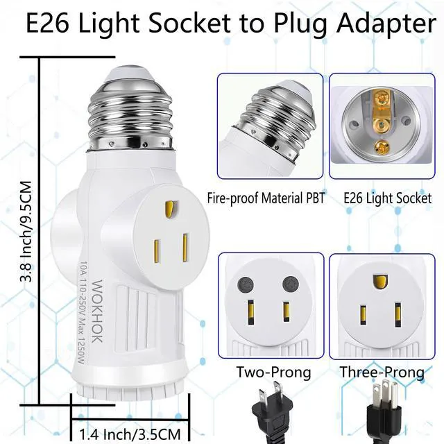 Alt view image 2 of 6 - Light Socket to Plug Adapter,Convert E26 Light Socket to 2/3 Prong Outlet Adapter and Light Bulb Socket,Light Bulb Plug Adapter for Garage Porch,2 Pack(White)
