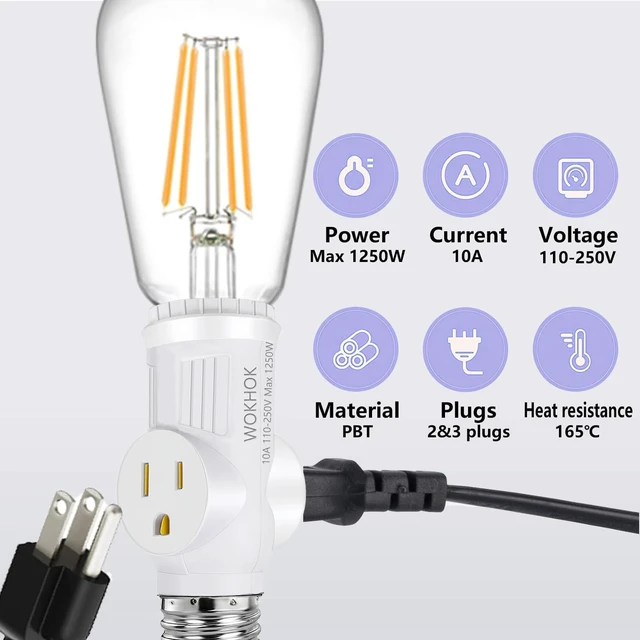 Alt view image 4 of 6 - Light Socket to Plug Adapter,Convert E26 Light Socket to 2/3 Prong Outlet Adapter and Light Bulb Socket,Light Bulb Plug Adapter for Garage Porch,2 Pack(White)