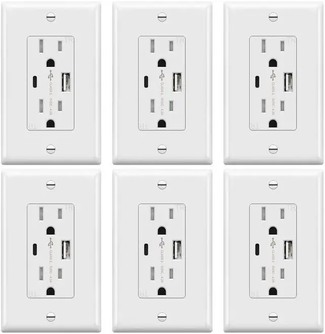 Main image of 4.2A USB Outlets, 15 Amp Wall Outlet with USB Ports,White,6 Pack | USB Outlets Receptacles with Type C&A Ports, Tamper Resistant Receptacle Plug, UL Listed, Wall Plate Included, TU21536AC-W