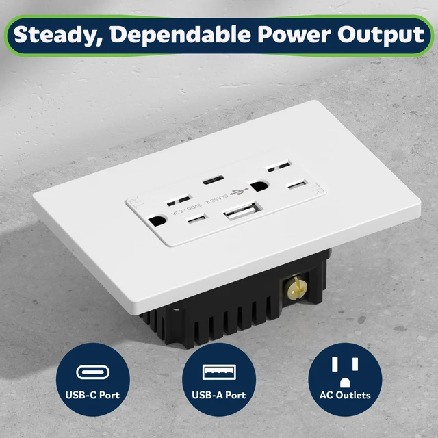 Alt view image 2 of 7 - 4.2A USB Outlets, 15 Amp Wall Outlet with USB Ports,White,6 Pack | USB Outlets Receptacles with Type C&A Ports, Tamper Resistant Receptacle Plug, UL Listed, Wall Plate Included, TU21536AC-W