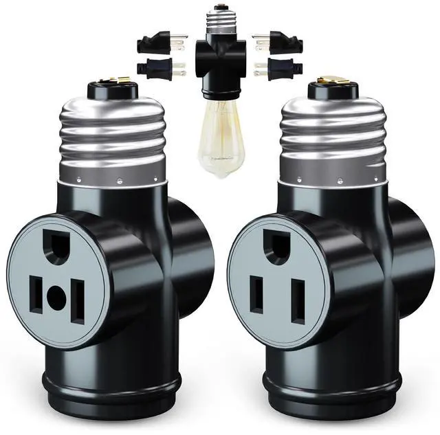 Main image of 2 Pack, Light Socket to Plug Adapter, Convert E26 Light Socket to 3-Prong Outlet Adapter and Light Bulb Socket (Black)