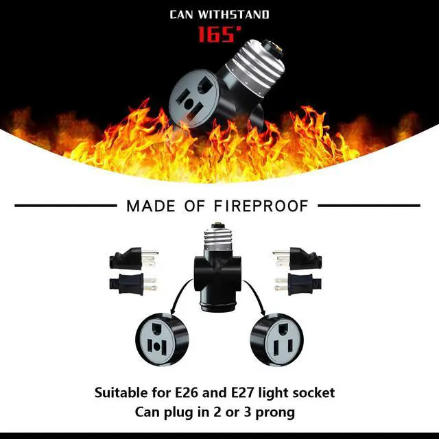 Alt view image 2 of 6 - 2 Pack, Light Socket to Plug Adapter, Convert E26 Light Socket to 3-Prong Outlet Adapter and Light Bulb Socket (Black)