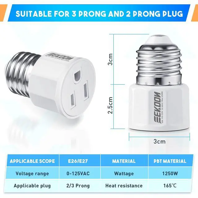 Alt view image 2 of 7 - 1 Pack E26/E27 3 Prong Light Bulb Socket Adapter, White | Polarized Light Sockets Outlet Converter, Lights Socket to Plug Adapter, Lights Bulb Plug Adapters for Patio, Garage, Porch