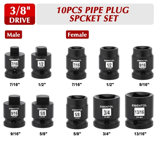 Alt view image 2 of 6 - 10PCS 1/2" Dr. Pipe Plug Socket Set, SAE, CR-MO, Tapered Male Square Drive - 7/16 Inch to 9/16 Inch, Chamfered Female Square Drive - 7/16 Inch to 13/16 Inch