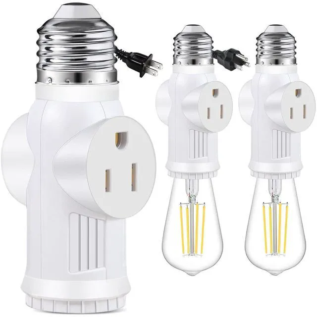 Main image of Light Socket to Plug Adapter, Convert E26 to 3 Prong Outlet and Light Bulb Socket, Polarized, for Garage Porch(White, 2)