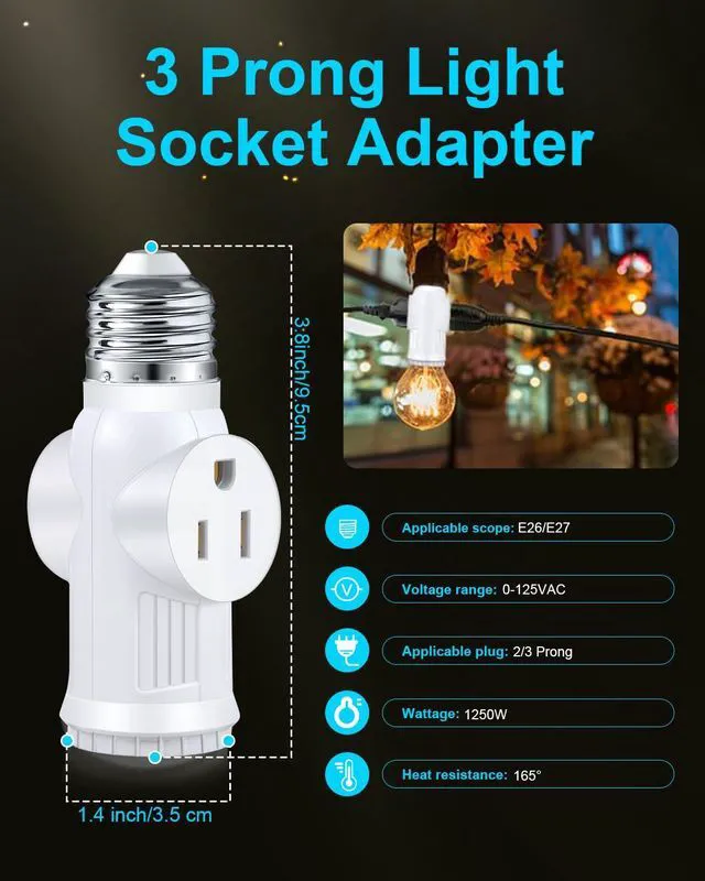 Alt view image 2 of 7 - Light Socket to Plug Adapter, Convert E26 to 3 Prong Outlet and Light Bulb Socket, Polarized, for Garage Porch(White, 2)
