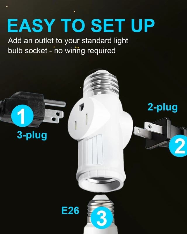 Alt view image 5 of 7 - Light Socket to Plug Adapter, Convert E26 to 3 Prong Outlet and Light Bulb Socket, Polarized, for Garage Porch(White, 2)