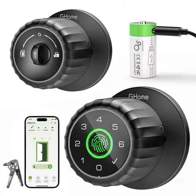 Main image of Fingerprint Door Lock, 4-in-1 Smart Lock with Removable Battery | Smart Fingerprint Door Knob with Keypad, App Control, Black Biometric Door Knob with Lock, Auto Lock for Bedroom, Home Office