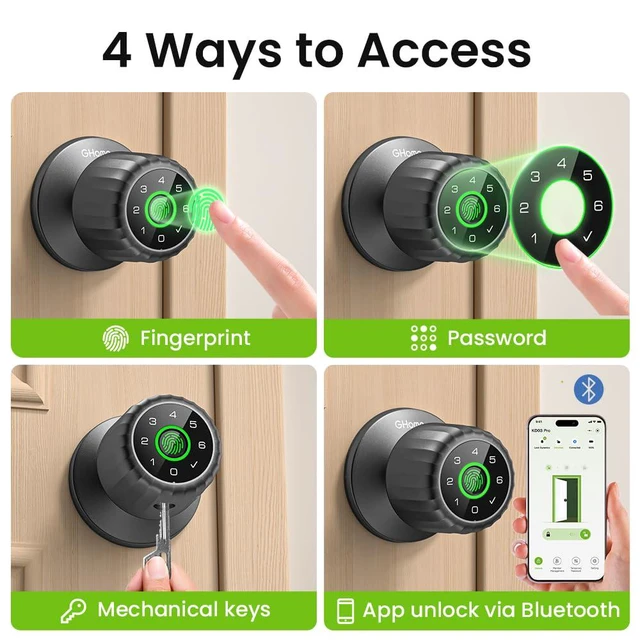 Alt view image 3 of 7 - Fingerprint Door Lock, 4-in-1 Smart Lock with Removable Battery | Smart Fingerprint Door Knob with Keypad, App Control, Black Biometric Door Knob with Lock, Auto Lock for Bedroom, Home Office