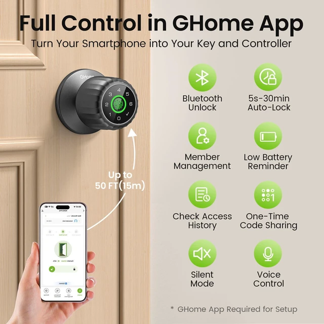 Alt view image 5 of 7 - Fingerprint Door Lock, 4-in-1 Smart Lock with Removable Battery | Smart Fingerprint Door Knob with Keypad, App Control, Black Biometric Door Knob with Lock, Auto Lock for Bedroom, Home Office
