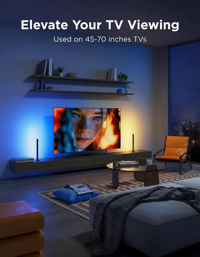 Alt view image 2 of 7 - Smart RGBWIC Light Bars, 15-Inch WiFi TV Backlight for 45-70-Inch TVs | Compatible with Matter, Alexa, Google Assistant, SmartThings, Multiple Placement Options for Livingroom, Black