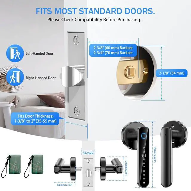 Alt view image 5 of 7 - Fingerprint Door Lock - Smart Door Handle with Keypad, Biometric Door Knob for Bedroom, Home Office