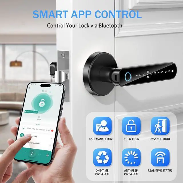 Alt view image 4 of 7 - Fingerprint Door Lock - Smart Door Handle with Keypad, Biometric Door Knob for Bedroom, Home Office