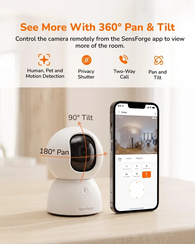 Alt view image 3 of 7 - SensForge 2.5K Rechargeable Pan-Tilt Security Camera, 360° Dual-Band WiFi Home Camera, Smart AI Human & Pet Detection, 64GB microSD Card Included, Two-Way Talk, Optional AI + Storage Upgrade
