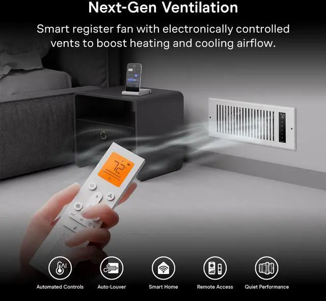 Alt view image 2 of 7 - AIRTAP T4, White Register Booster Fan for 4x10 Openings | Automatic Open/Close Vents, Wireless LCD Temperature Controller, WiFi App, Quiet 10-Speeds, Smart Home