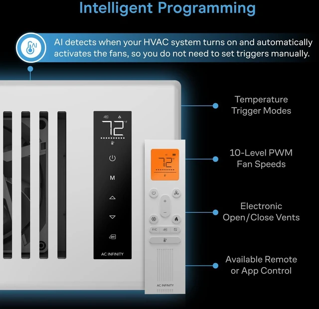 Alt view image 5 of 7 - AIRTAP T4, White Register Booster Fan for 4x10 Openings | Automatic Open/Close Vents, Wireless LCD Temperature Controller, WiFi App, Quiet 10-Speeds, Smart Home