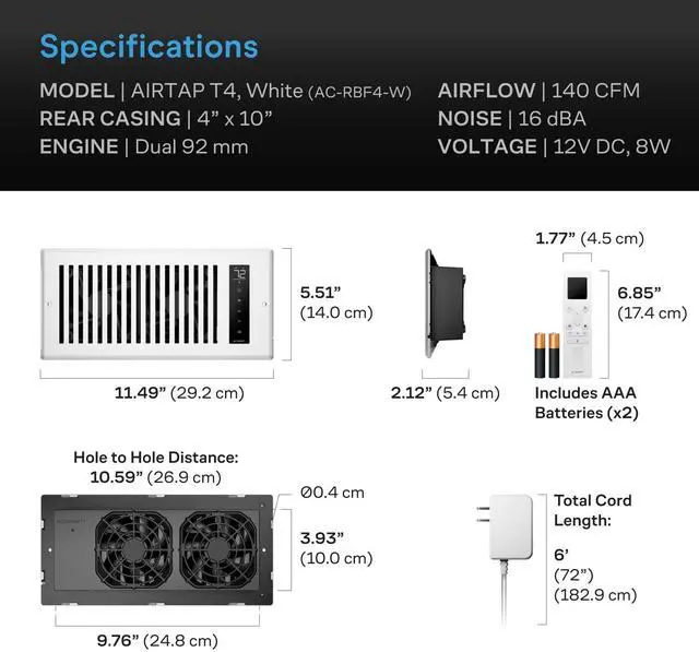 Alt view image 7 of 7 - AIRTAP T4, White Register Booster Fan for 4x10 Openings | Automatic Open/Close Vents, Wireless LCD Temperature Controller, WiFi App, Quiet 10-Speeds, Smart Home