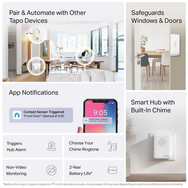 Alt view image 2 of 7 - Door Sensor Starter KIT, Matter Compatible, 3X Smart Door Window Contact Sensor and 1x Smart Hub with Built-in Chime, Smart Automation, Real-Time Notification, T31 KIT