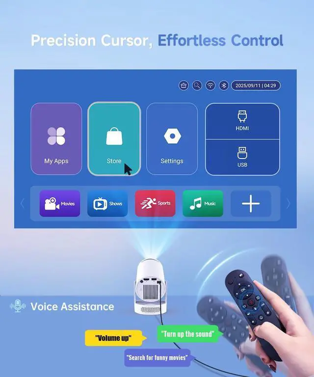 Alt view image 5 of 7 - Mini Projector with WiFi 6 and Bluetooth 5.4, Portable Projector 4K Support, 5W Soundbase Speaker, Auto Vertical Keystone 180°Rotatable Smart Proyector for Movie Home Outdoor