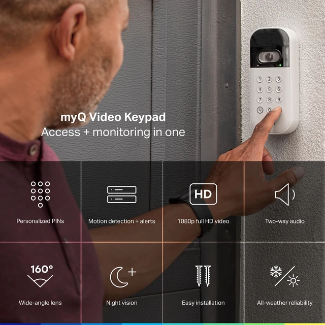 Alt view image 2 of 7 - myQ Smart Garage Door Video Keypad with Wide-Angle Camera,Customizable PIN Codes,and Smartphone ControlTake Charge of Your Garage Access Works with Chamberlain, LiftMaster and Craftsman openers,White