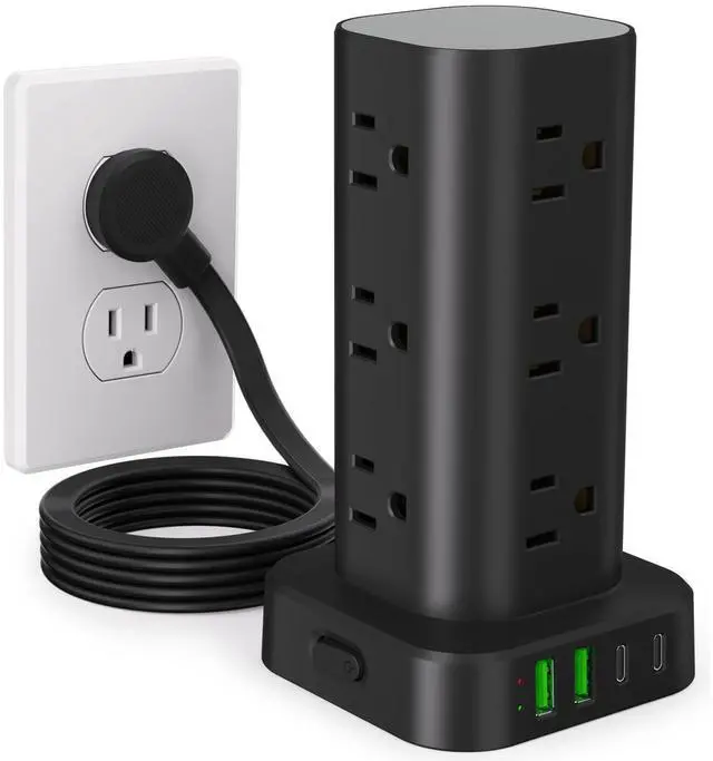 Main image of 6FT Power Strip Tower Surge Protector, 12 Wide Spaced Outlets, 4 USB | 16-in-1 Desktop Charging Station with 2USB-C,2USB-A, Flat Plug, 6FT Cord, 1800J Surge Protection for Home Office, Dorm Black
