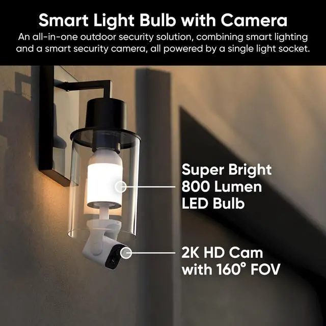 Alt view image 5 of 7 - Bulb Cam - 2K HD Smart Light Bulb Security Camera, E26 Socket | Color Night Vision, 800-Lumen Dimmable LED, 160° Wide View, Motion Detection & Siren, Works with Alexa & Google Assistant
