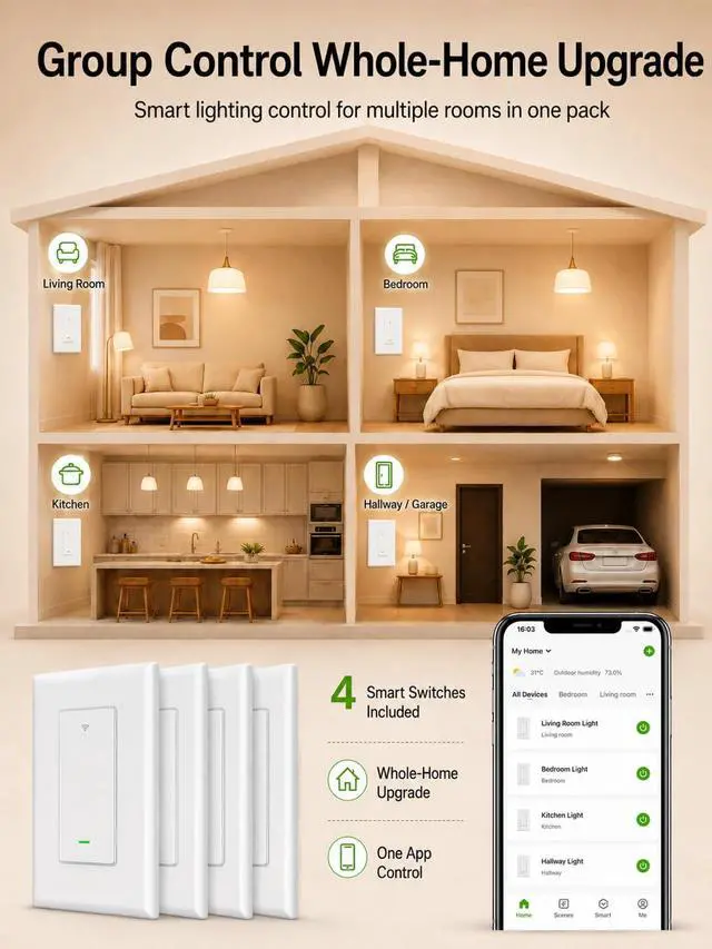 Alt view image 3 of 7 - Switches for Lights, Single Pole WiFi, Works with Alexa, 4 Pack | Google Home Compatible, Neutral Wire Required, 2.4GHz WiFi, Voice Control, App Control, Schedule, Timer, UL FCC Listed