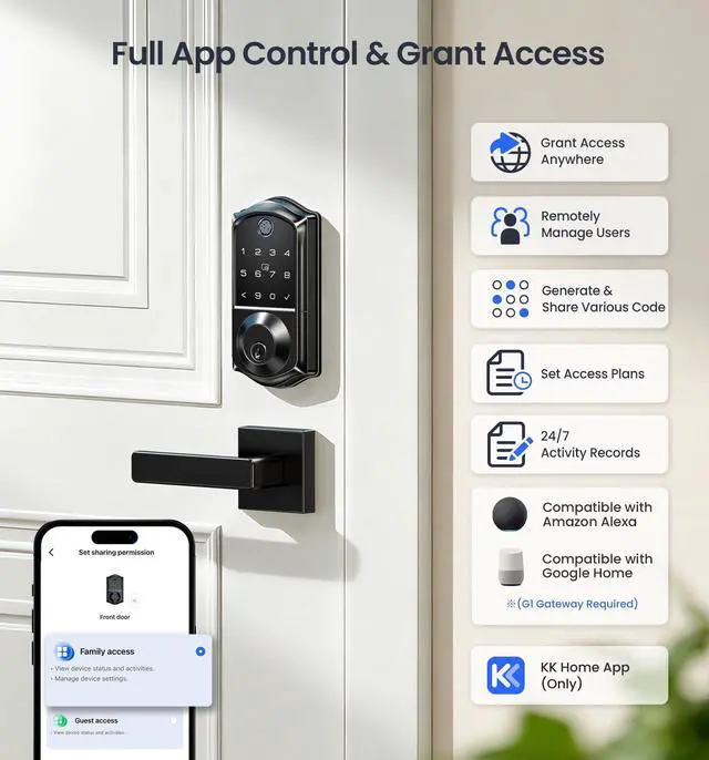 Alt view image 2 of 7 - VE017 Fingerprint Smart Door Lock with App Control, Matte Black | 8-in-1 Keyless Entry, Smart User Management, Auto Lock, Electronic Touchscreen Keypad, USB-C Port, Deadbolt for Front Door