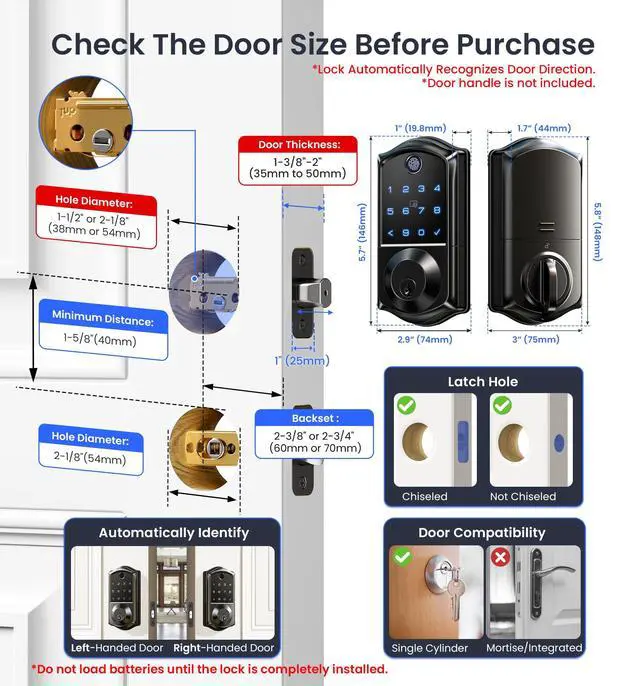 Alt view image 6 of 7 - VE017 Fingerprint Smart Door Lock with App Control, Matte Black | 8-in-1 Keyless Entry, Smart User Management, Auto Lock, Electronic Touchscreen Keypad, USB-C Port, Deadbolt for Front Door
