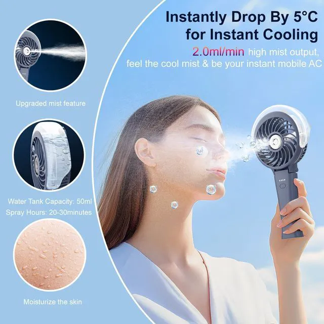 Alt view image 2 of 7 - 4000mAh Upgraded Handheld Misting Fan, 50ml Water Tank, Rechargeable Personal Mister Fan Portable AC, Spray Water Mist Fans, Foldable Cooling Ice Fans for Beach Travel Disney(Royal Blue)