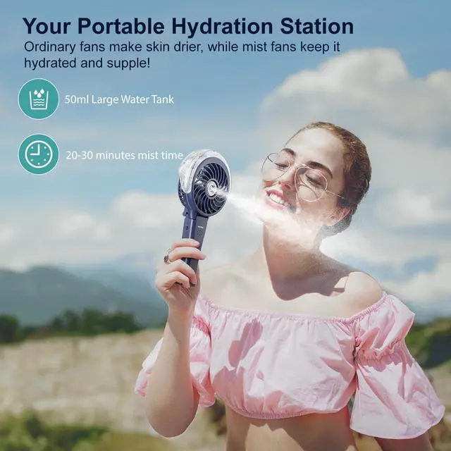 Alt view image 4 of 7 - 4000mAh Upgraded Handheld Misting Fan, 50ml Water Tank, Rechargeable Personal Mister Fan Portable AC, Spray Water Mist Fans, Foldable Cooling Ice Fans for Beach Travel Disney(Royal Blue)