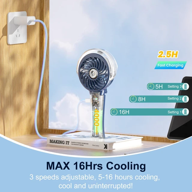 Alt view image 7 of 7 - 4000mAh Upgraded Handheld Misting Fan, 50ml Water Tank, Rechargeable Personal Mister Fan Portable AC, Spray Water Mist Fans, Foldable Cooling Ice Fans for Beach Travel Disney(Royal Blue)