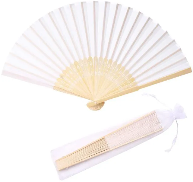 Main image of 24pcs White Imitated Silk Hand Fan Imitated Silk Fabric Bamboo Handheld Folded Fan Bridal Dancing Props Church Wedding Party Favors with Organza Bags (White)