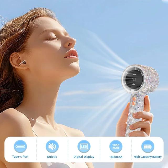 Alt view image 2 of 7 - Full Diamond Portable Handheld Turbo Fan | 1800mAh USB Rechargeable Personal Battery Operated Mini Small Pocket Fan for Travel/Outdoor/Vacation/Beach/Outdoor Activities