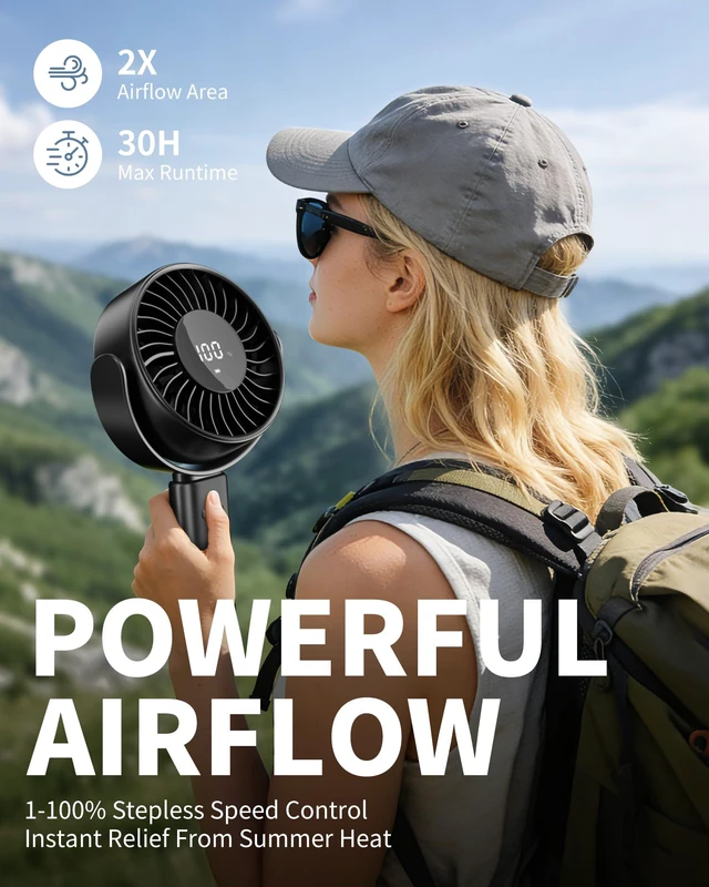 Alt view image 3 of 7 - 6.5" Large Handheld Fan, Powerful Portable Fan for Travel, Black | 1.1 lb, 100 Speed Level, 5-30H Runtime, 6000mAh Battery, Carabiner Clip & 135° Foldable Personal Fan for Beach Cruise Concert