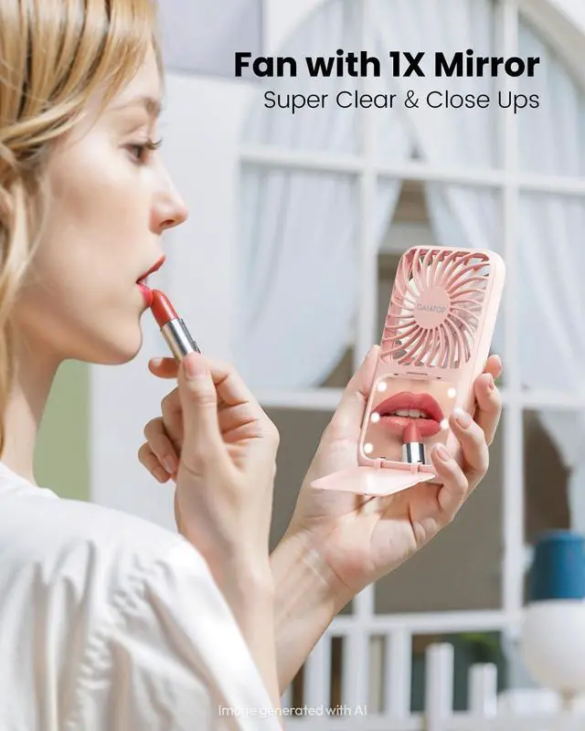 Alt view image 5 of 6 - Portable Handheld Fan, LED Makeup Mirror, Travel Essentials Pink | Light, Folding Stand for Desktop, 3.3 oz Small Design, 3-Speed Cooling, Rechargeable Mini Fan, Personal Gifts for Women Girls