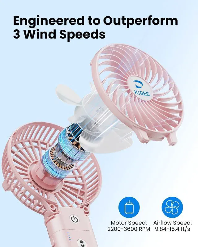 Alt view image 2 of 6 - 5200mAh Portable Handheld Fan, 20H Max Runtime USB Rechargeable Foldable 180° Mini Personal Fan, 3 Speeds Quiet Cooling Fan with Stand & Power Bank, Travel Outdoor Makeup Concerts (Pink)