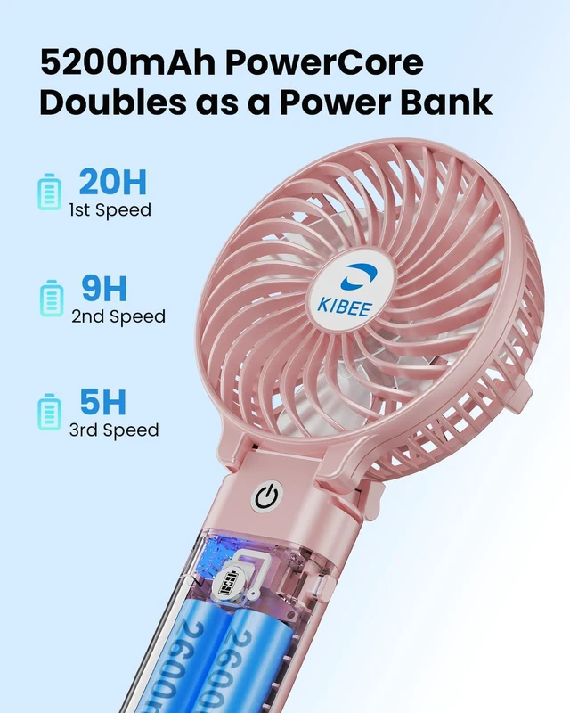 Alt view image 3 of 6 - 5200mAh Portable Handheld Fan, 20H Max Runtime USB Rechargeable Foldable 180° Mini Personal Fan, 3 Speeds Quiet Cooling Fan with Stand & Power Bank, Travel Outdoor Makeup Concerts (Pink)