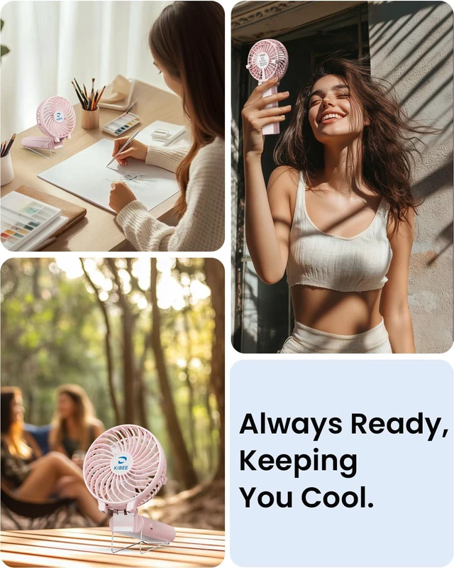 Alt view image 6 of 6 - 5200mAh Portable Handheld Fan, 20H Max Runtime USB Rechargeable Foldable 180° Mini Personal Fan, 3 Speeds Quiet Cooling Fan with Stand & Power Bank, Travel Outdoor Makeup Concerts (Pink)