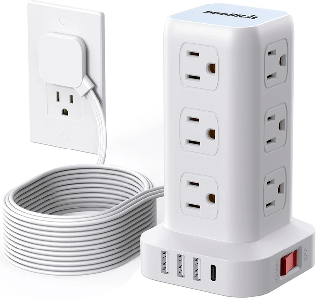 Main image of Extension Cord with Multiple Outlets, Flat Plug Power Strip Tower, Outlet Extender with USB 12 AC Outlets, 10FT Ultra Thin Extension Cord for Home Office, Overload Protection
