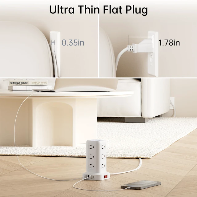 Alt view image 3 of 7 - Extension Cord with Multiple Outlets, Flat Plug Power Strip Tower, Outlet Extender with USB 12 AC Outlets, 10FT Ultra Thin Extension Cord for Home Office, Overload Protection