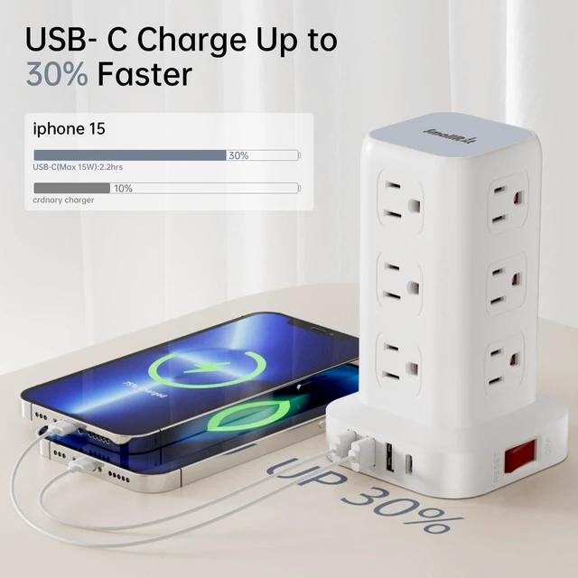 Alt view image 4 of 7 - Extension Cord with Multiple Outlets, Flat Plug Power Strip Tower, Outlet Extender with USB 12 AC Outlets, 10FT Ultra Thin Extension Cord for Home Office, Overload Protection